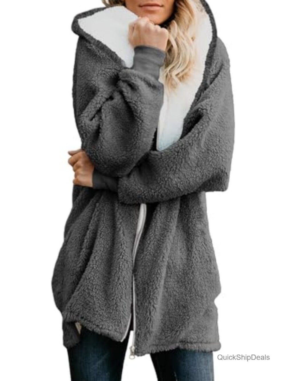 Womens Oversized Sherpa Fleece Zip Up Jacket Fuzzy Winter Coat